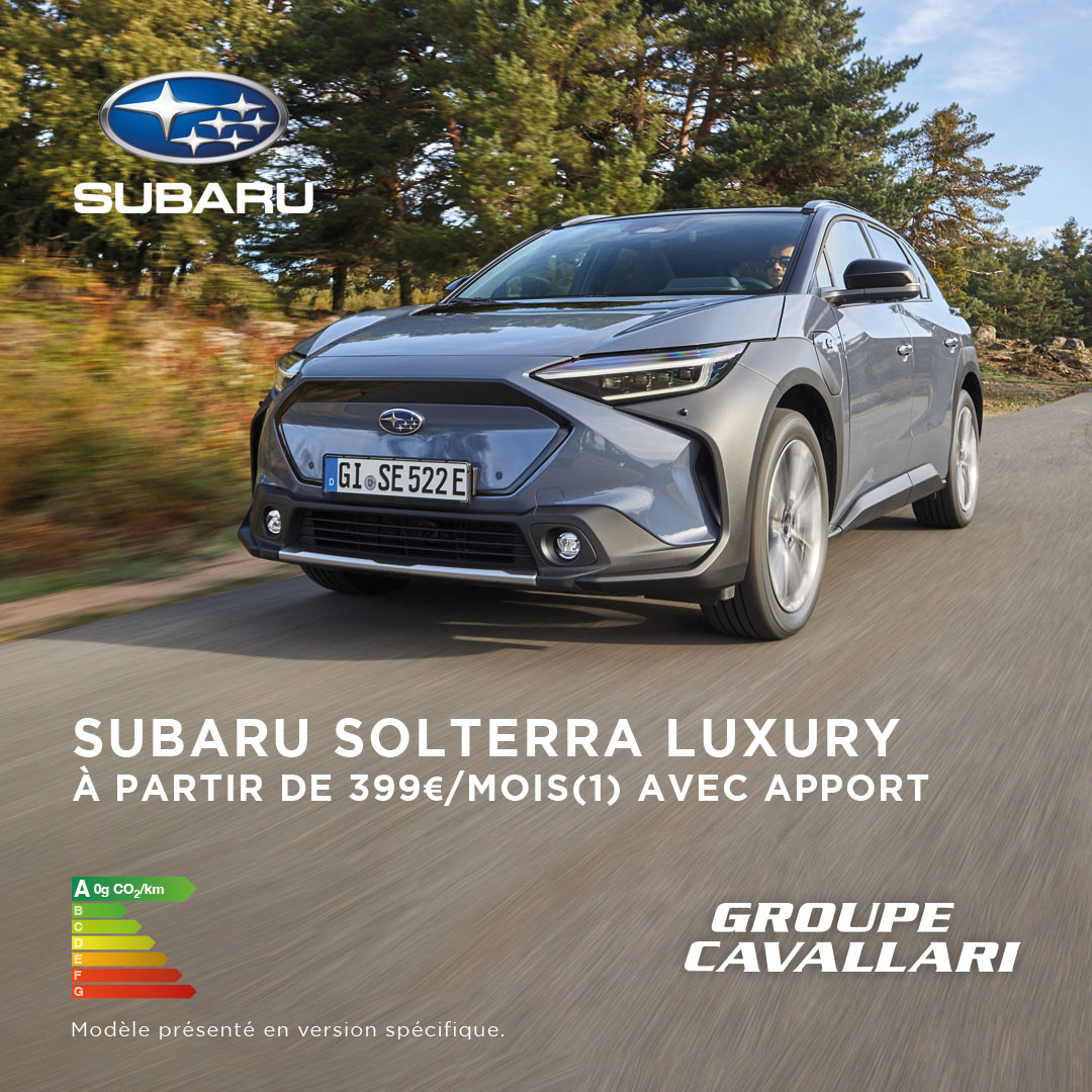 Découvrez le nouveau Subaro SOLTERRA Luxury, le premier SUV 100% électrique par Subaro disponible à partir de 399€/mois(1), avec apport.